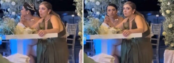Κατάπιαν και τα… πιρούνια: Νύφη και κουμπάρα ξεσκίζονται στο φαγητό μόλις σχολάει ο… γάμος και γίνονται viral (video)