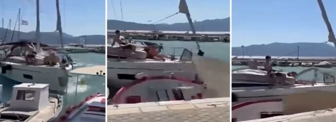 Η στιγμή που το τουριστικό ιστιοφόρο προσκρούει σε ελλιμενισμένα σκάφη στο λιμάνι του Καλάμου Λευκάδας – Δείτε βίντεο